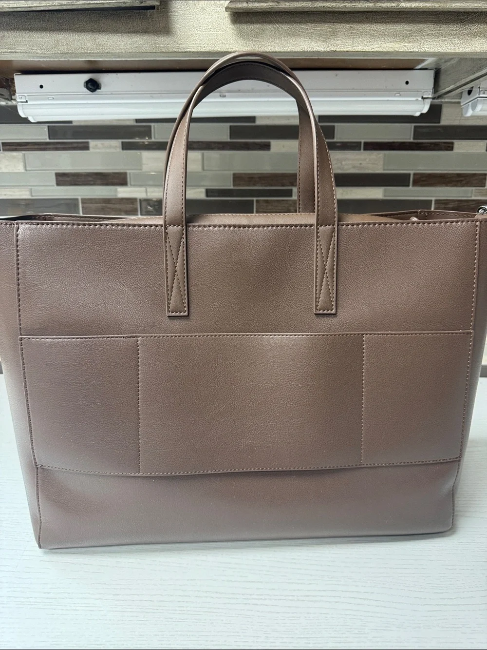 Calpak Brown Leather Laptop Tote with Shoulder Strap